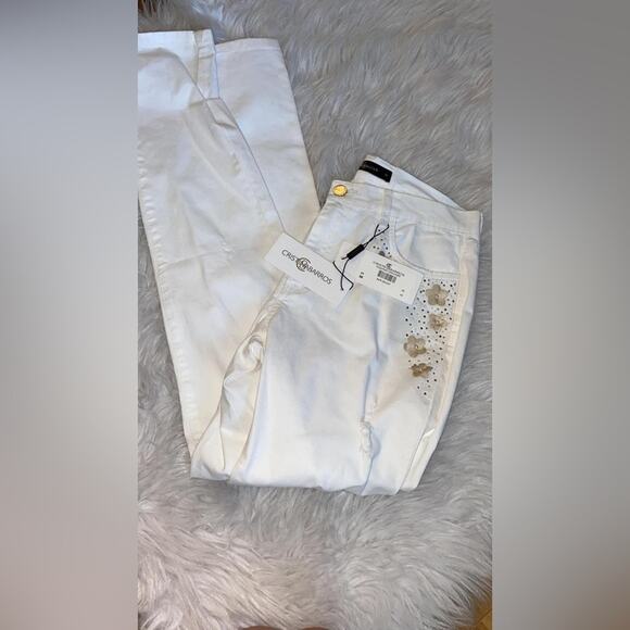 Cristina Barros Women's White Floral Embroidery Jeans - Straight Leg Cotton - Picture 4 of 10